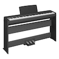 Diagonal side view of the P-145BTB (black model) in combination with the optional stand and three-pedal pedal unit