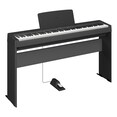 Diagonal side view of the P-145BTB (black model) in combination with the optional stand and metal sustain pedal