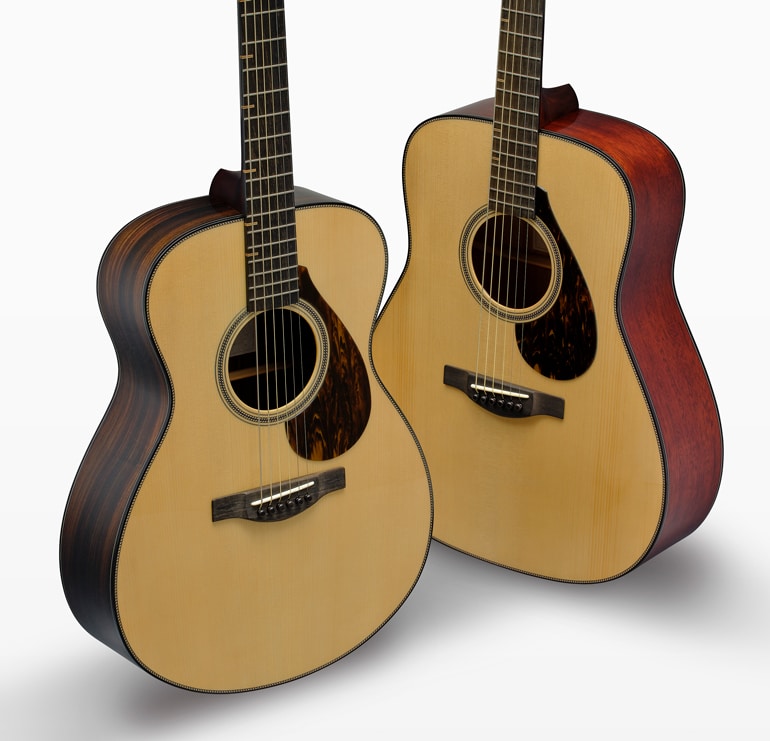 The FS9 R guitar and FG9 M guitar are pictured upright, at an angle to each other on a white background. The FS9 R is in front, showing its smaller concert-style body and darker rosewood back and sides against the larger dreadnought-style body and lighter mahogany back and sides of the FG9 M.