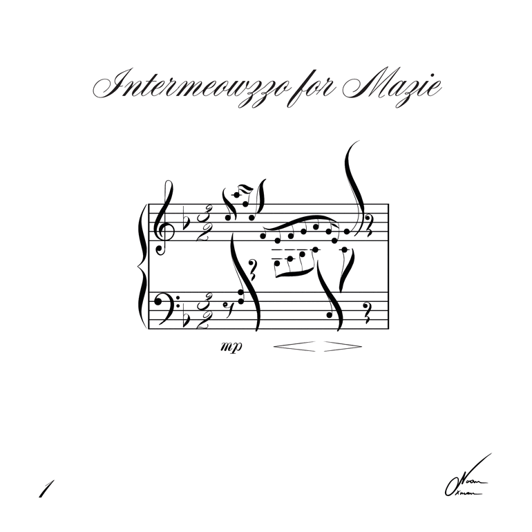 Notenblatt mit dem Titel „Intermeowzzo for Mazie“, auf dem Musiknoten in Form einer Katze angeordnet sind.