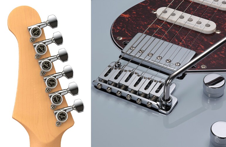 Nahaufnahme der Brücke, der Pickups und der Regler der Yamaha Pacifica Standard Plus 12 Ice Blue