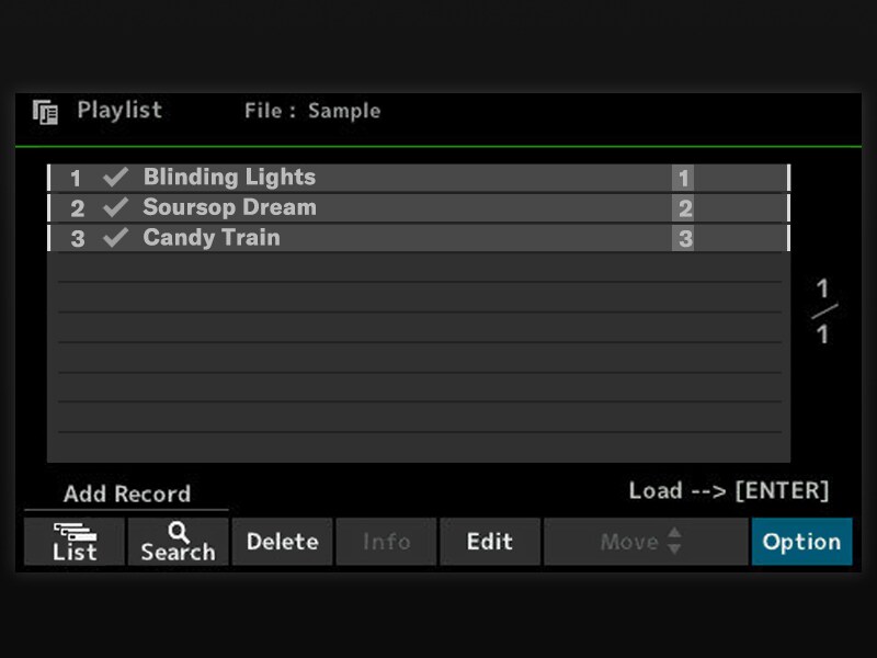 Playlist-Bildschirm auf dem PSR-SX620 zum Organisieren von Songs und Einstellungen.