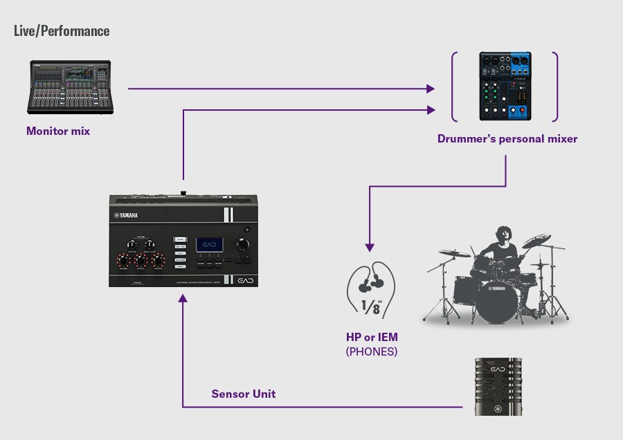 Diagramm, das das an Live-Sound-Equipment angeschlossene EAD20 für Bühnen-Performance und Monitoring zeigt.