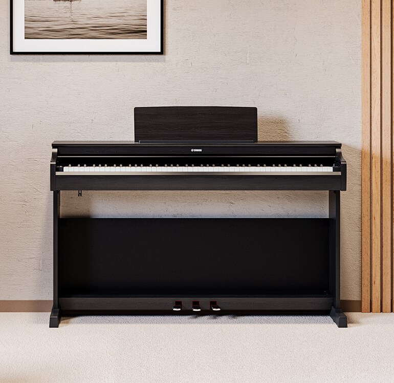 Ein Wohnzimmer mit einem schwarzen ARIUS Piano, Zimmerpflanzen und einem Sofa, harmonisch in die Einrichtung integriert