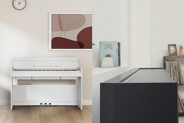 Ein ARIUS Piano, das mit der Wohnzimmereinrichtung verschmilzt, und ein ARIUS Piano, das durch den geschlossenen Deckel ein flacheres, kompakteres Design aufweist