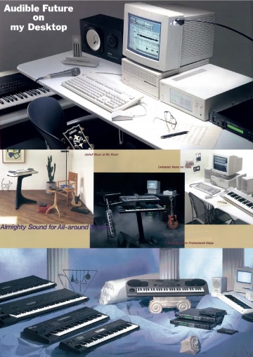 photo:Images from the Yamaha digital instrument catalog. From the top, the 1994, 1993, and 1992 editions
